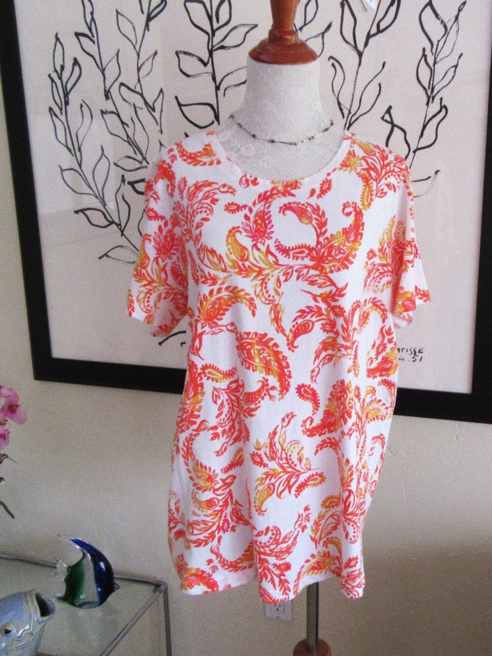 Roaman's tunic length tee shirt orange & yellow paisley print - 14/16